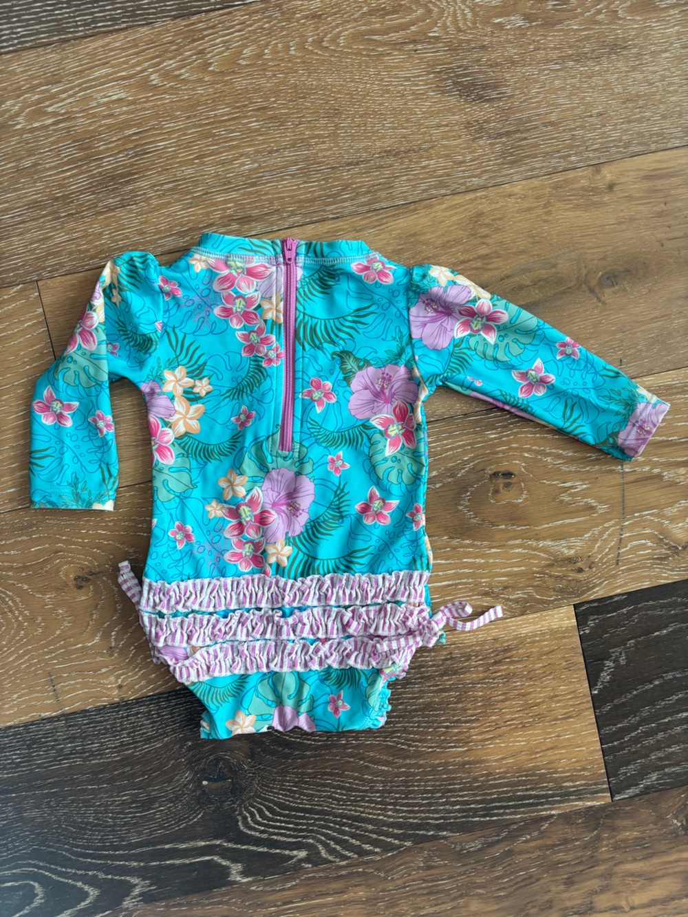 RuffleButts Tropical Floral Long Sleeve Rash Guard Swimsuit 6-12M